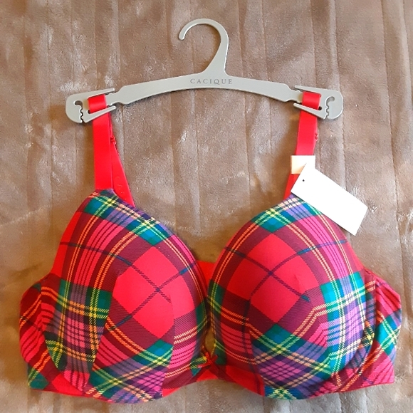 Cacique Red Plaid Cotton Boost Plunge Bra 40D - Picture 5 of 6